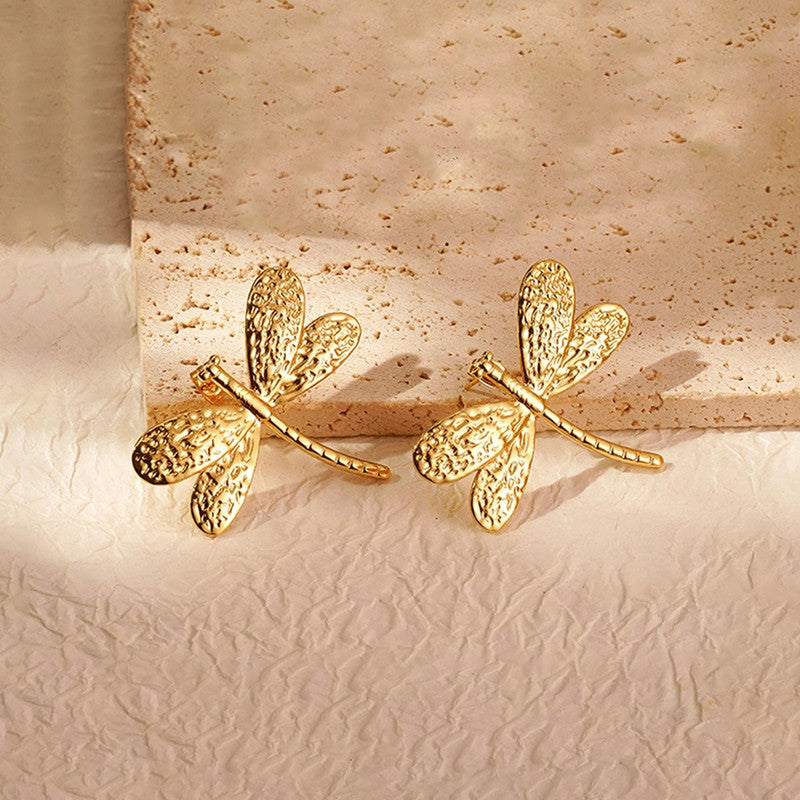 Gold-Plated Anti Tarnish Stainless Steel Dragonfly themed Stud Earrings