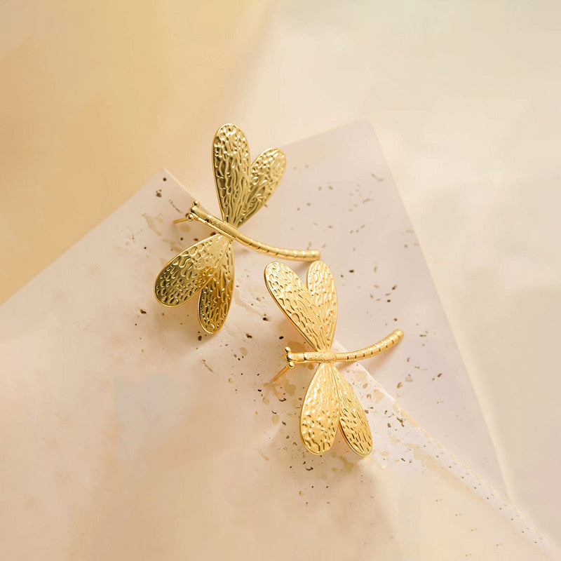 Gold-Plated Anti Tarnish Stainless Steel Dragonfly themed Stud Earrings