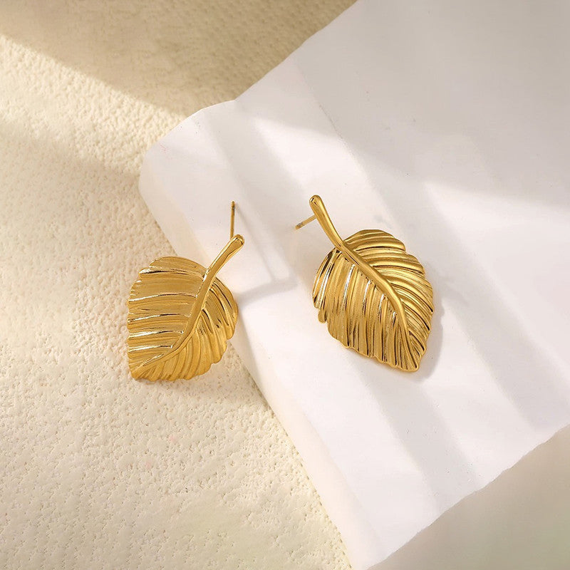 Gold-Plated Anti Tarnish Stainless Steel Leaf Shaped Stud Earrings