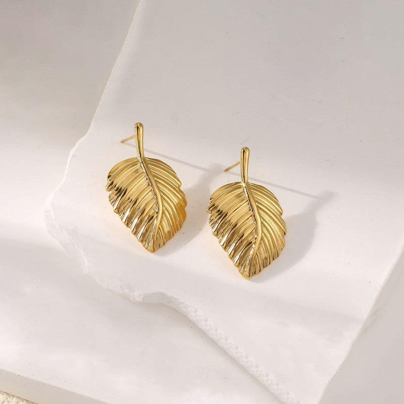 Gold-Plated Anti Tarnish Stainless Steel Leaf Shaped Stud Earrings
