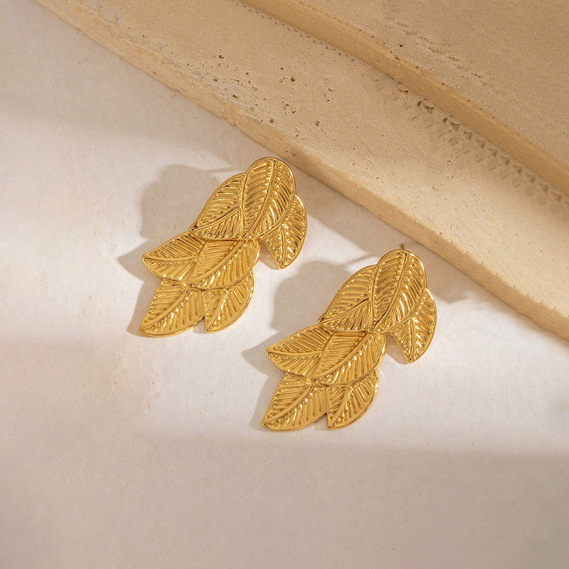 Gold-Plated Anti Tarnish Stainless Steel Leaf Shaped Drop Earrings