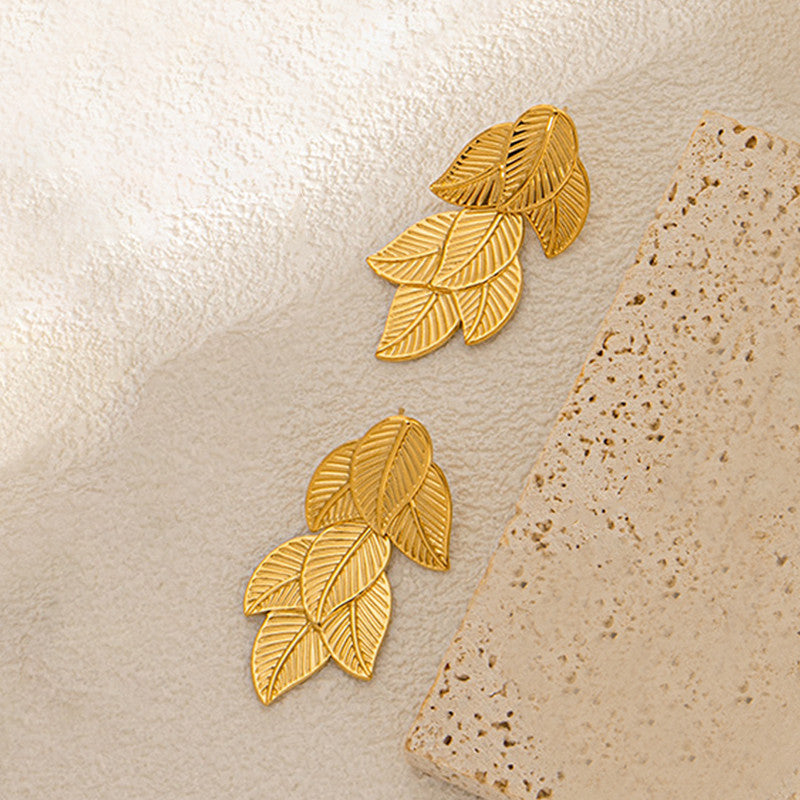 Gold-Plated Anti Tarnish Stainless Steel Leaf Shaped Drop Earrings