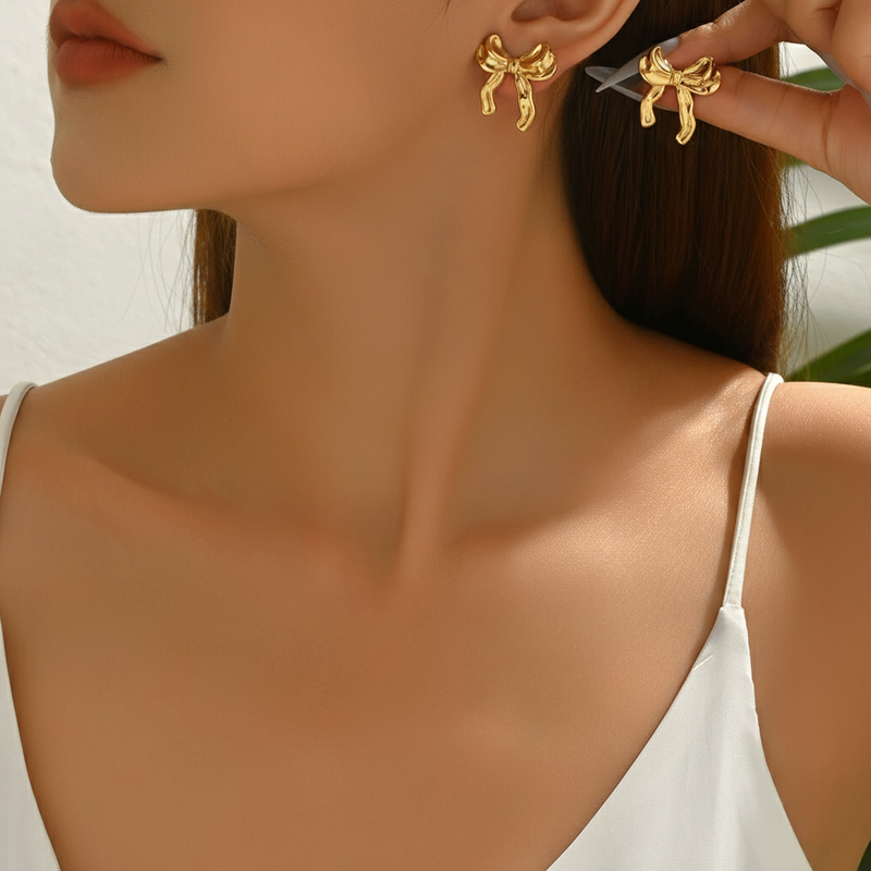 Gold Plated Bow Themed Earrings For Girls and Women