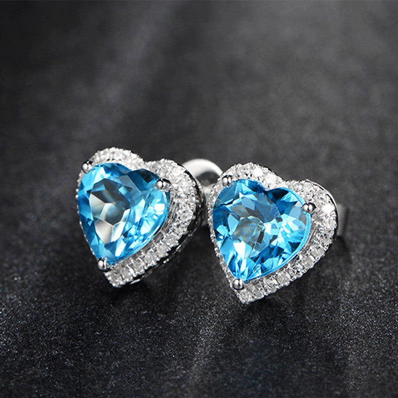 Silver Plated Anti Tarnish American Diamond Crushed Ice Cut Blue Heart Shape Stud Earrings - MySmartBazaar