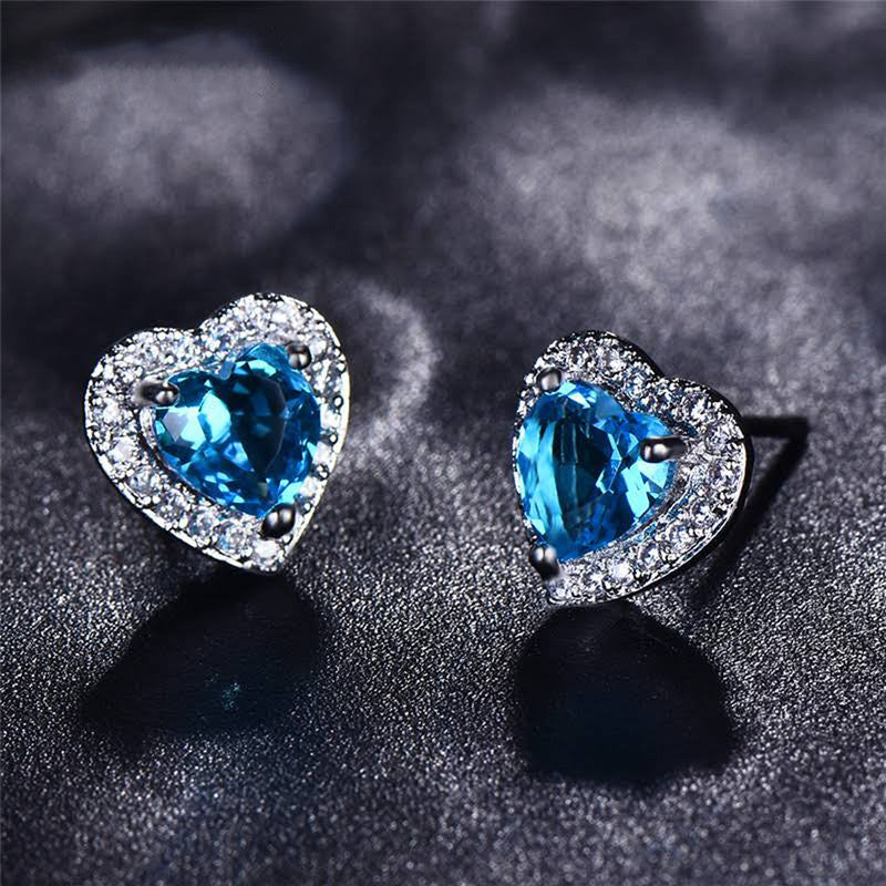 Silver Plated Anti Tarnish American Diamond Crushed Ice Cut Blue Heart Shape Stud Earrings - MySmartBazaar