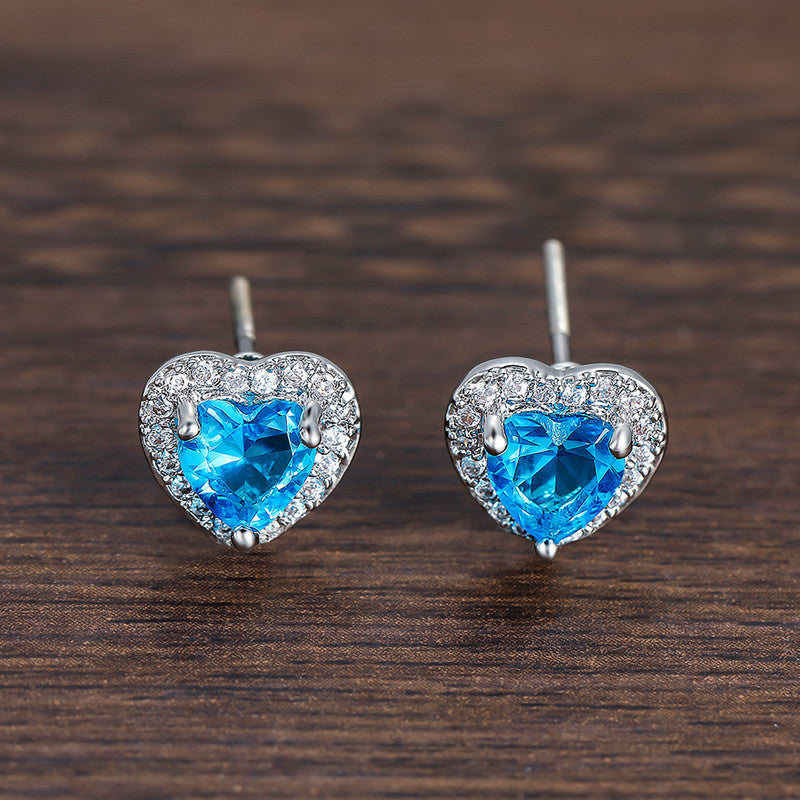 Silver Plated Anti Tarnish American Diamond Crushed Ice Cut Blue Heart Shape Stud Earrings - MySmartBazaar