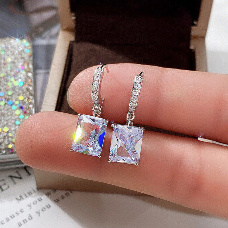 Silver Plated Anti Tarnish Rectangular American Diamond Studded Crushed Ice Cut Drop Earrings