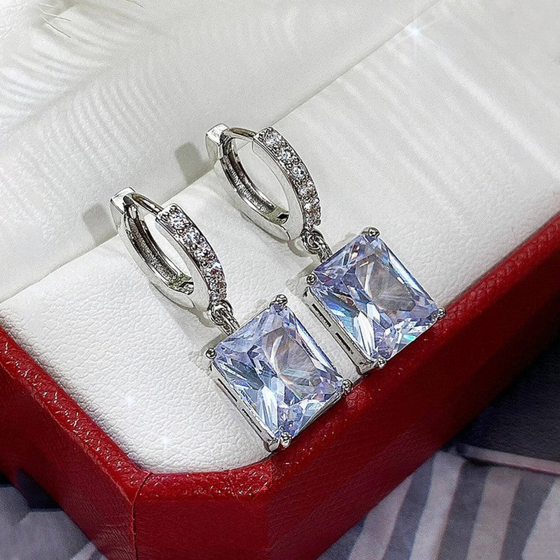 Silver Plated Anti Tarnish Rectangular American Diamond Studded Crushed Ice Cut Drop Earrings