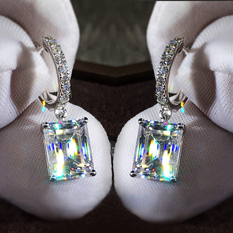 Silver Plated Anti Tarnish Rectangular American Diamond Studded Crushed Ice Cut Drop Earrings