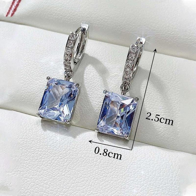 Silver Plated Anti Tarnish Rectangular American Diamond Studded Crushed Ice Cut Drop Earrings