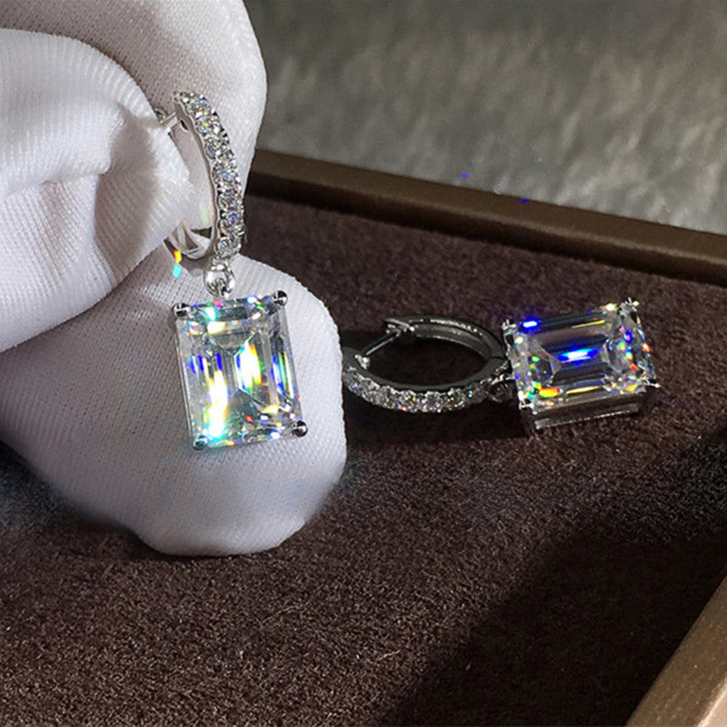 Silver Plated Anti Tarnish Rectangular American Diamond Studded Crushed Ice Cut Drop Earrings
