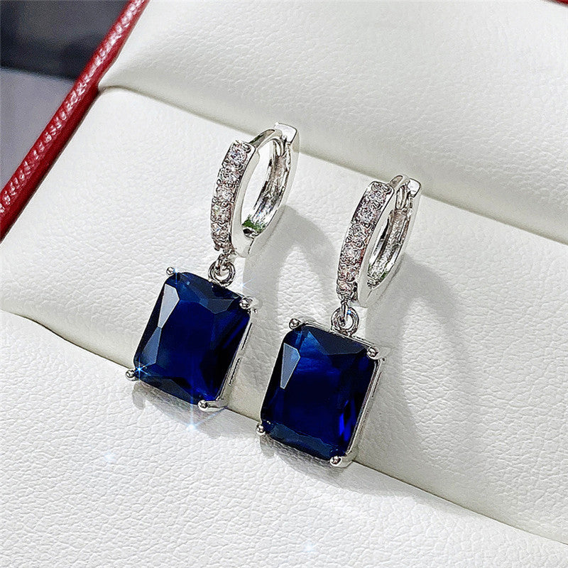 Silver Plated Anti Tarnish Navy Blue Rectangular American Diamond Studded Crushed Ice Cut Drop Earrings