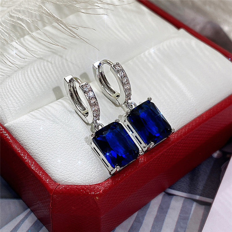 Silver Plated Anti Tarnish Navy Blue Rectangular American Diamond Studded Crushed Ice Cut Drop Earrings