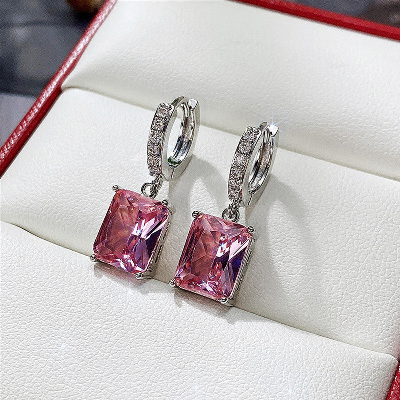 Silver Plated Anti Tarnish Pink Rectangular American Diamond Studded Crushed Ice Cut Drop Earrings
