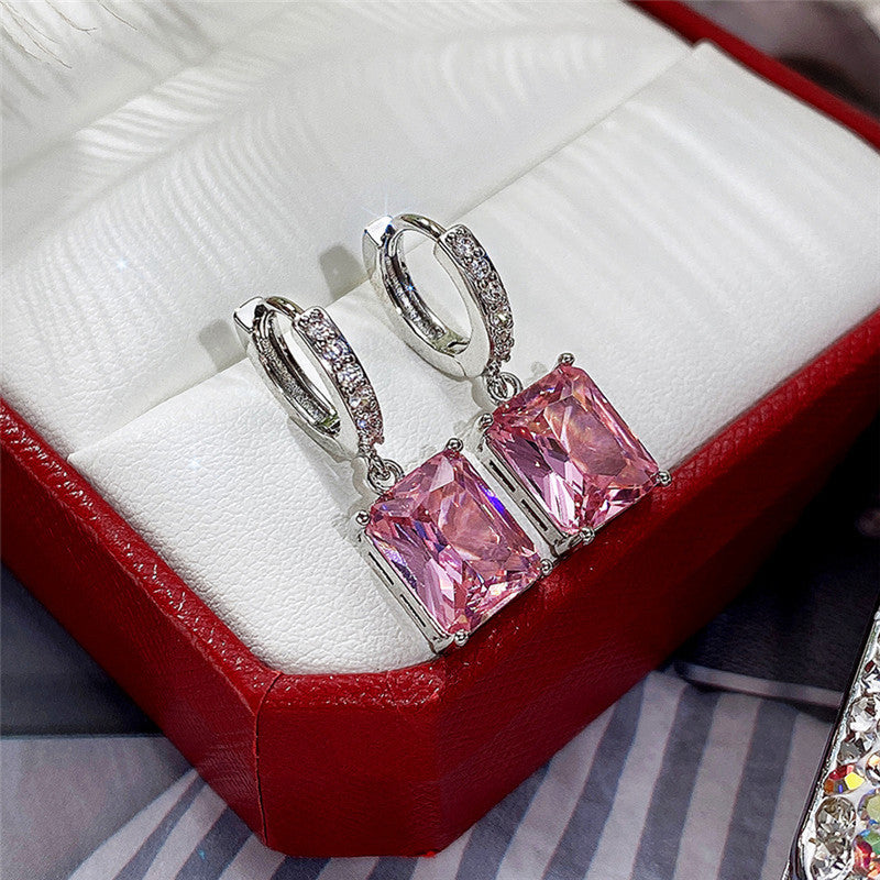 Silver Plated Anti Tarnish Pink Rectangular American Diamond Studded Crushed Ice Cut Drop Earrings