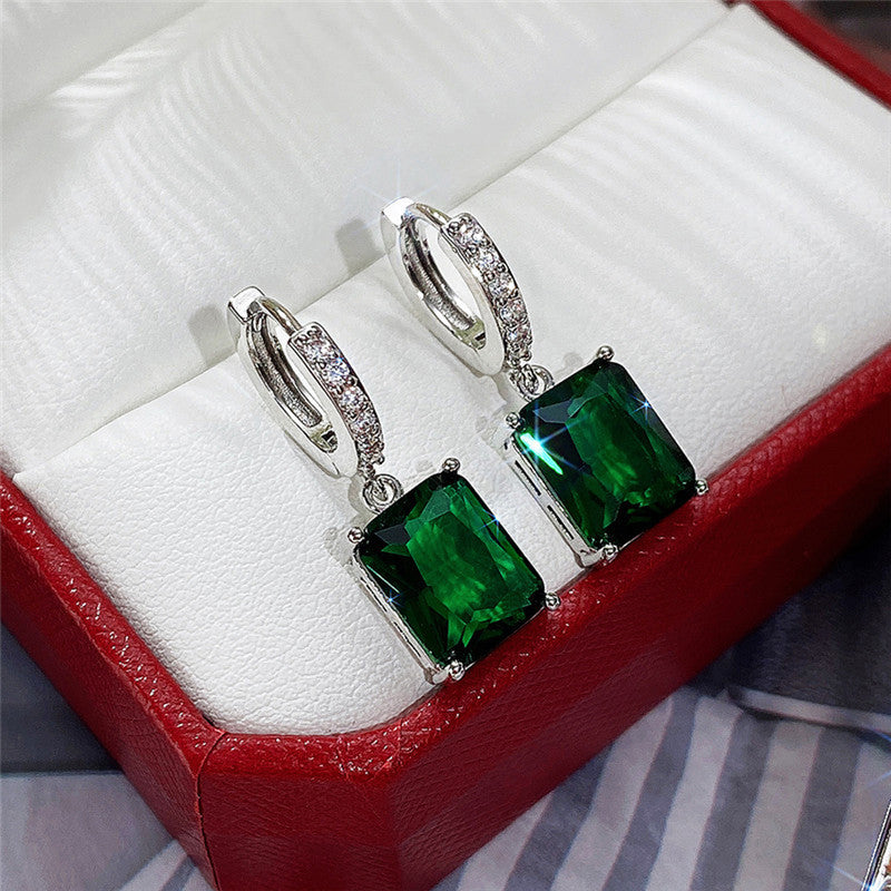 Silver Plated Anti Tarnish Green Rectangular American Diamond Studded Crushed Ice Cut Drop Earrings