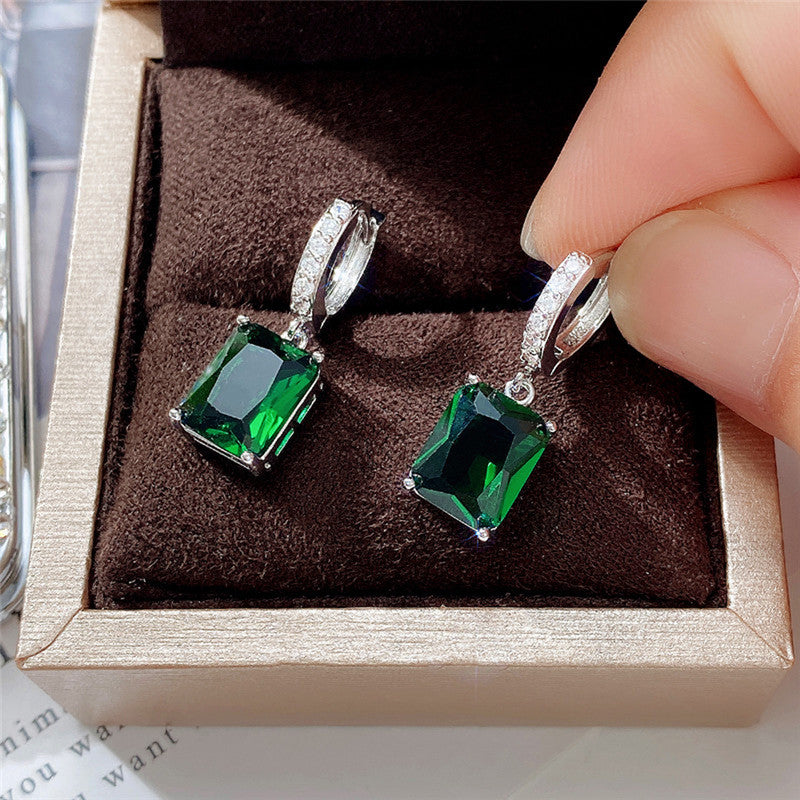 Silver Plated Anti Tarnish Green Rectangular American Diamond Studded Crushed Ice Cut Drop Earrings