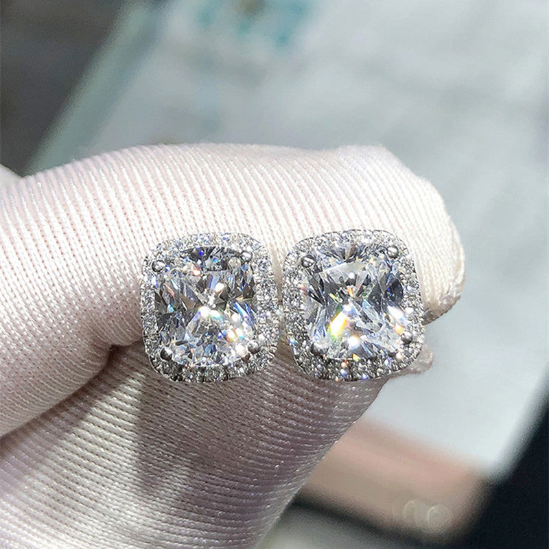 Silver Plated Anti Tarnish American Diamond Studded Silver Square Crushed Ice Cut Stud Earrings