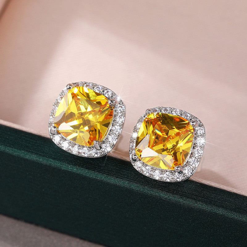 Silver Plated Anti Tarnish American Diamond Studded Yellow Square Crushed Ice Cut Stud Earrings