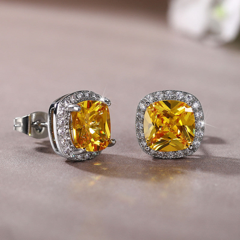 Silver Plated Anti Tarnish American Diamond Studded Yellow Square Crushed Ice Cut Stud Earrings