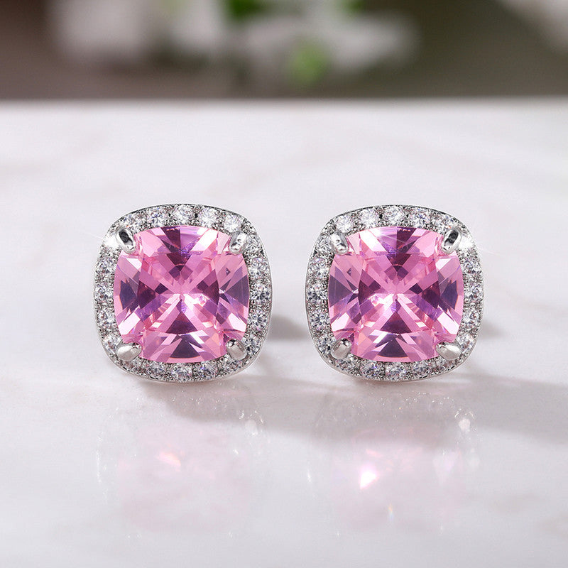 Silver Plated Anti Tarnish American Diamond Studded Pink Square Crushed Ice Cut Stud Earrings