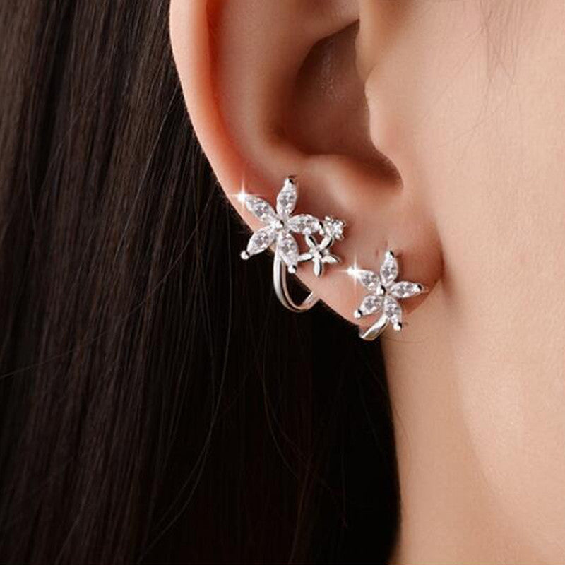 Silver Plated Anti Tarnish American Diamond Studded Triple Star Shaped Earcuffs Style Stud Earrings