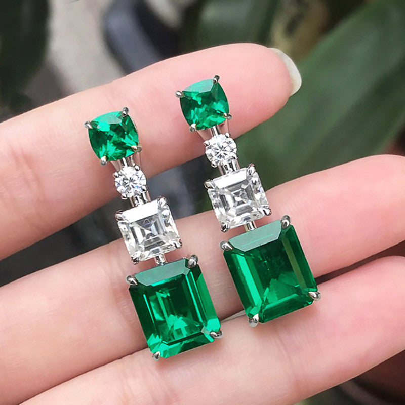 Silver Plated American Diamond Studded Green Geometrical Crushed Ice Cut Drop Earrings