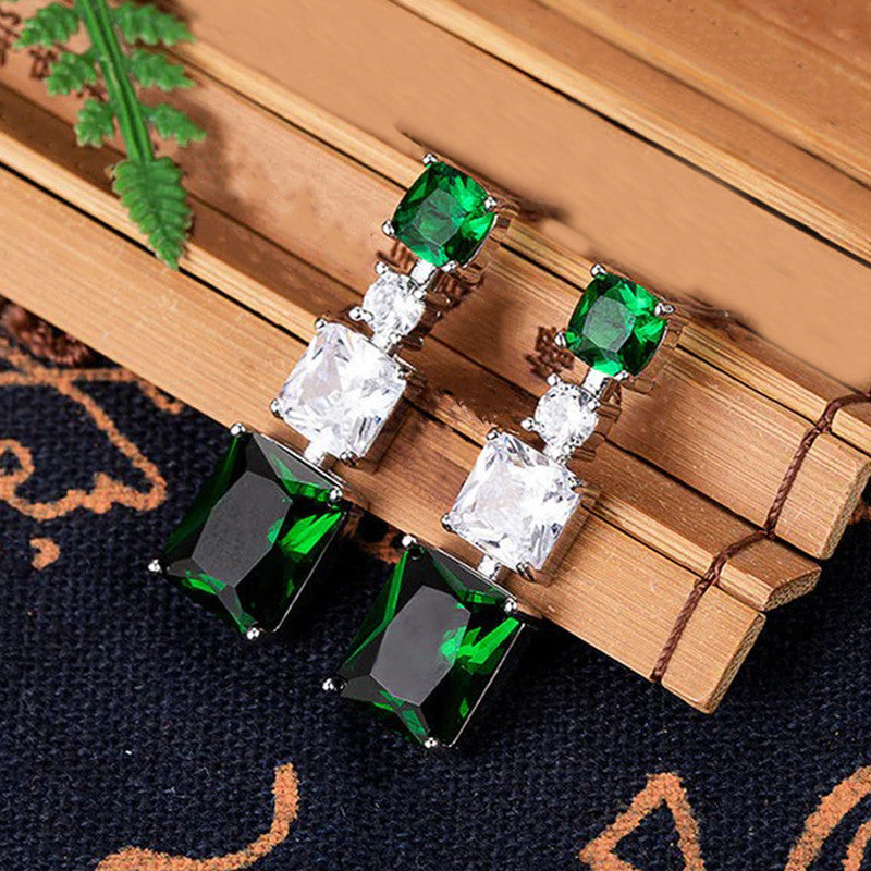 Silver Plated American Diamond Studded Green Geometrical Crushed Ice Cut Drop Earrings