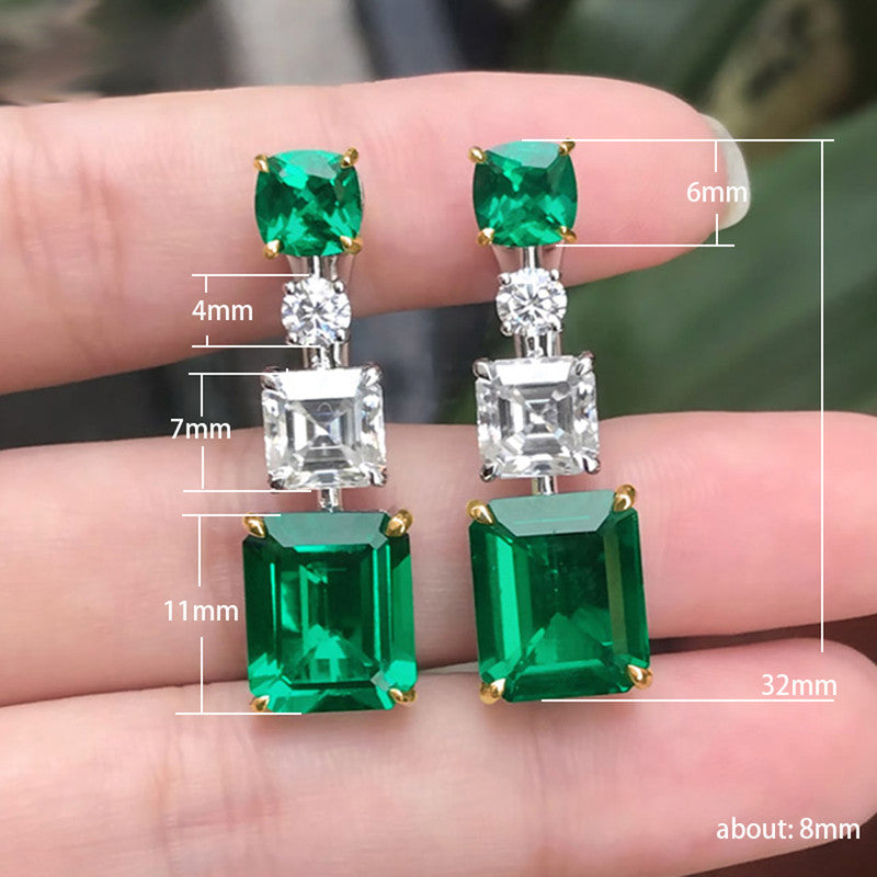 Silver Plated American Diamond Studded Green Geometrical Crushed Ice Cut Drop Earrings