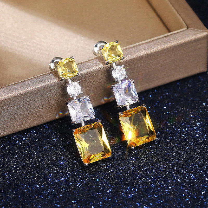 Silver Plated American Diamond Studded Yellow Geometrical Crushed Ice Cut Drop Earrings