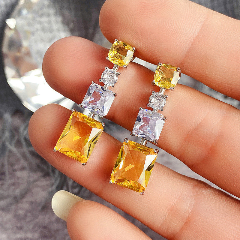 Silver Plated American Diamond Studded Yellow Geometrical Crushed Ice Cut Drop Earrings