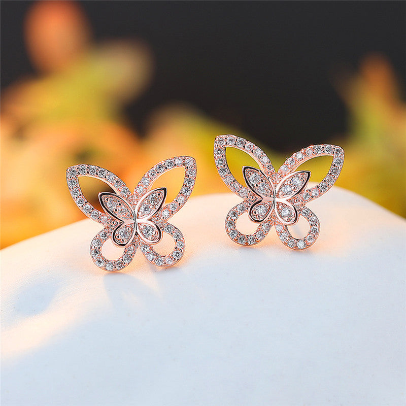 Rose Gold Plated American Diamond Studded Dual Butterfly Shaped Korean Stud Earrings
