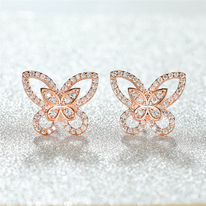 Rose Gold Plated American Diamond Studded Dual Butterfly Shaped Korean Stud Earrings