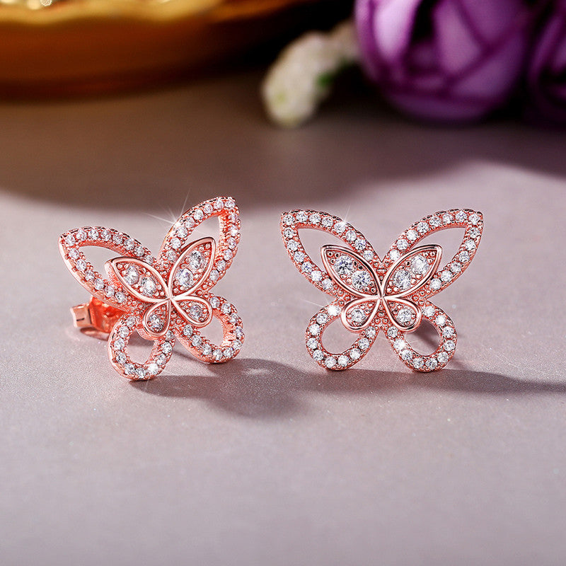 Rose Gold Plated American Diamond Studded Dual Butterfly Shaped Korean Stud Earrings