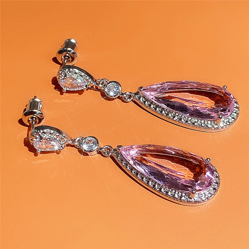 Silver Plated Anti Tarnish American Diamond Studded Pink Teardop Shape Ice Cut Drop Earrings