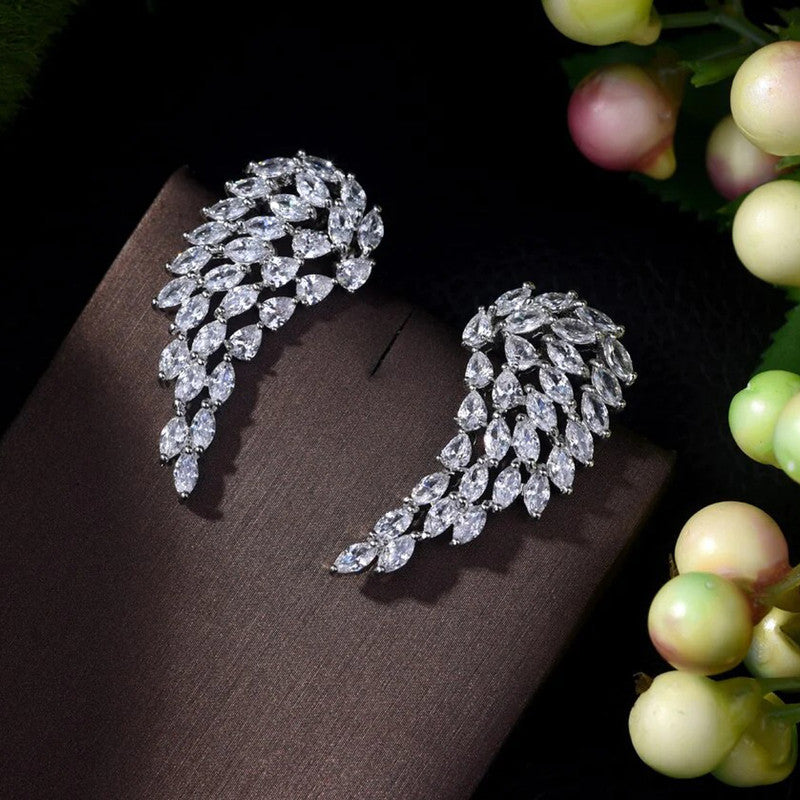 Silver Plated Anti Tarnish American Diamond Studded Wing Shape Contemporary Drop Earrings