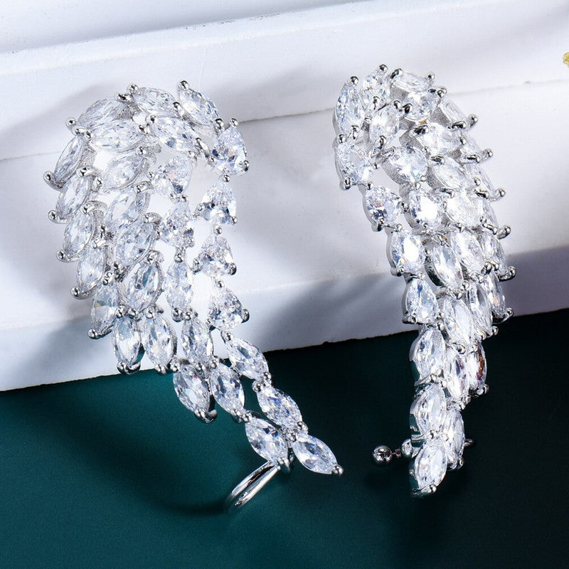 Silver Plated Anti Tarnish American Diamond Studded Wing Shape Contemporary Drop Earrings
