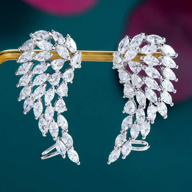Silver Plated Anti Tarnish American Diamond Studded Wing Shape Contemporary Drop Earrings
