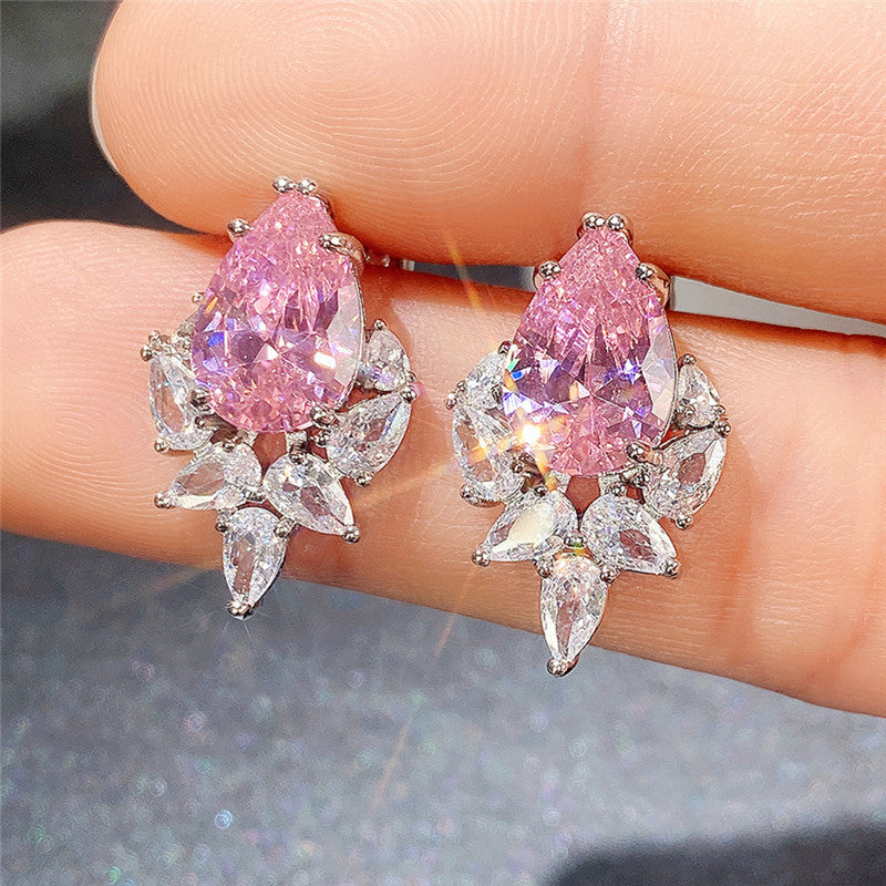 Silver Plated Anti Tarnish American Diamond Studded Pink Crushed Ice Cut Drop Earrings
