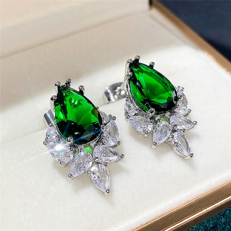 Silver Plated Anti Tarnish American Diamond Studded Green Crushed Ice Cut Drop Earrings