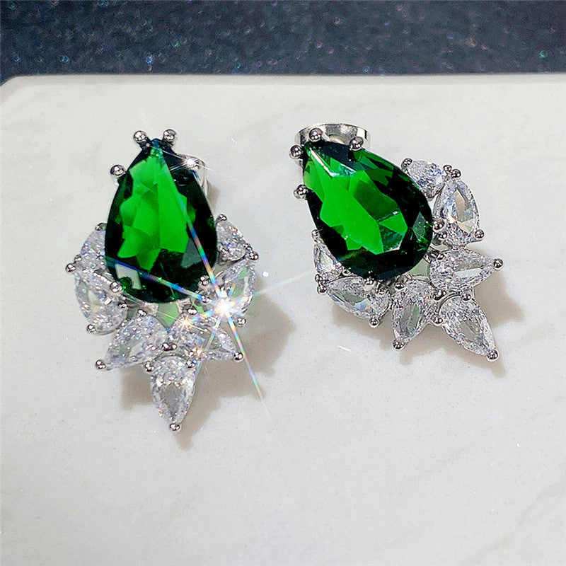 Silver Plated Anti Tarnish American Diamond Studded Green Crushed Ice Cut Drop Earrings