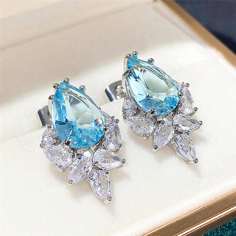 Silver Plated Anti Tarnish American Diamond Studded Blue Crushed Ice Cut Drop Earrings