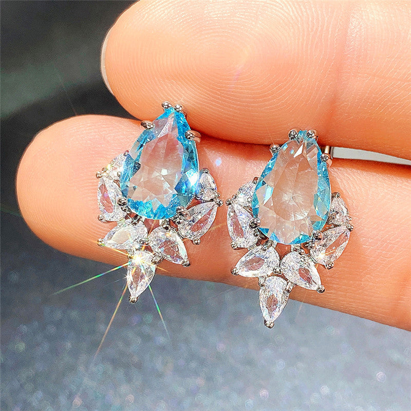 Silver Plated Anti Tarnish American Diamond Studded Blue Crushed Ice Cut Drop Earrings