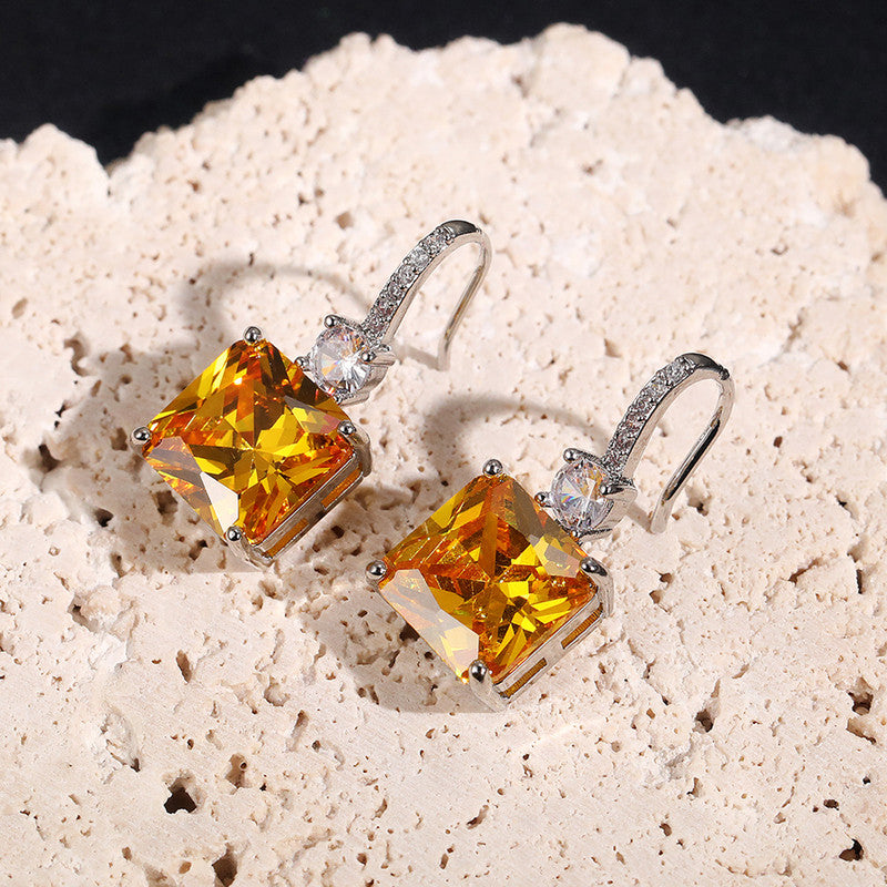 Silver Plated Anti Tarnish American Diamond Studded Yellow Square Shape Crushed Ice Cut Hanging Earrings