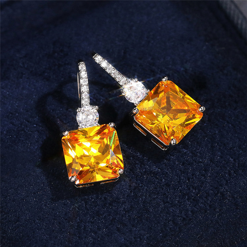 Silver Plated Anti Tarnish American Diamond Studded Yellow Square Shape Crushed Ice Cut Hanging Earrings