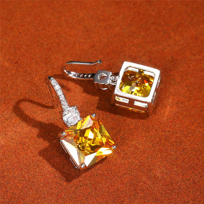Silver Plated Anti Tarnish American Diamond Studded Yellow Square Shape Crushed Ice Cut Hanging Earrings