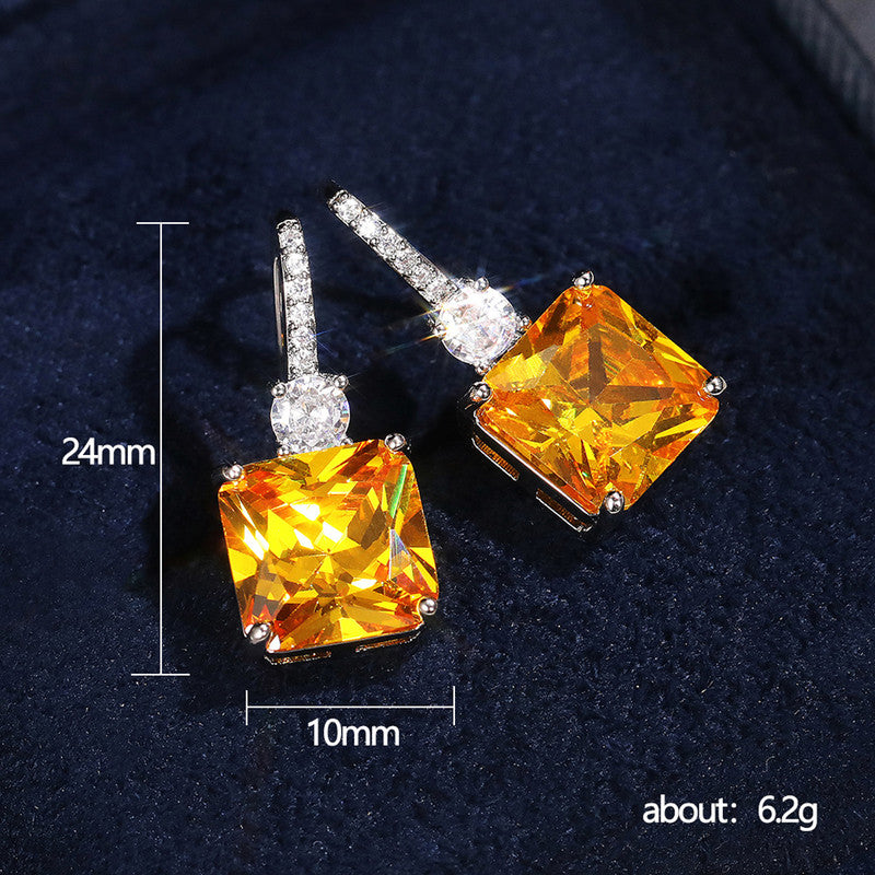 Silver Plated Anti Tarnish American Diamond Studded Yellow Square Shape Crushed Ice Cut Hanging Earrings