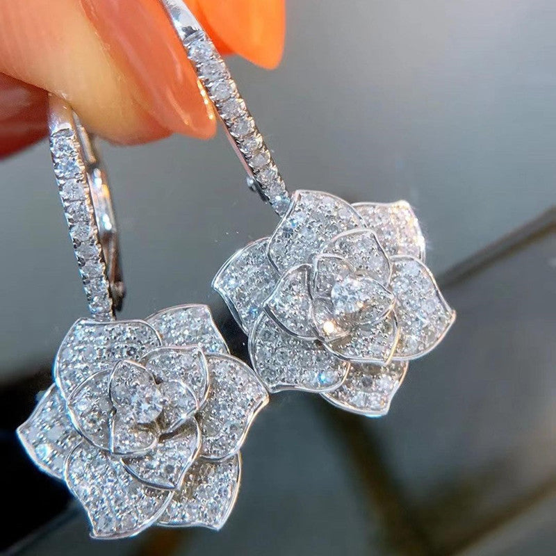Silver Plated Anti Tarnish American Diamond Studded Floral Rose themed Drop Earrings