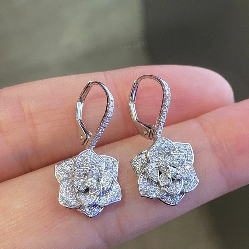 Silver Plated Anti Tarnish American Diamond Studded Floral Rose themed Drop Earrings