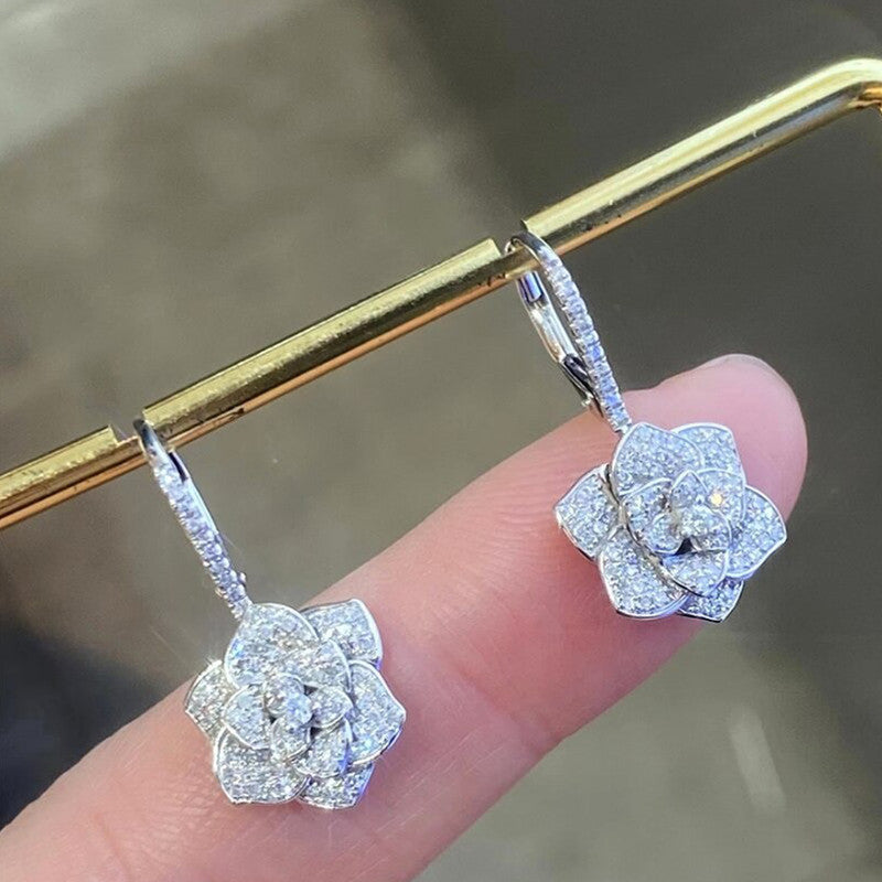 Silver Plated Anti Tarnish American Diamond Studded Floral Rose themed Drop Earrings